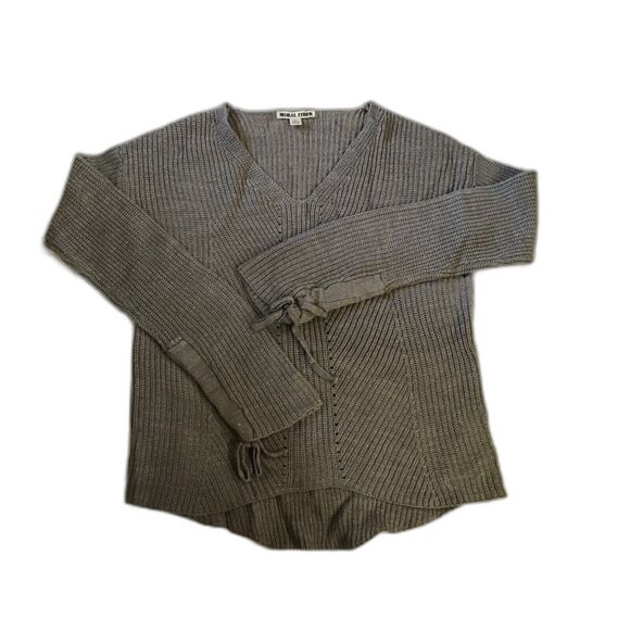 Moral Fiber Sweater Size L Gray Long Sleeve Scrunched Cuff V Neck High Low Hem - Picture 1 of 8